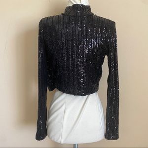 ZARA Trafaluc Black Sequin Long Sleeve Mock Neck Cropped Blouse